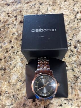 Claiborne Men's Two tone Link Watch with Black Dial and Gold Accents